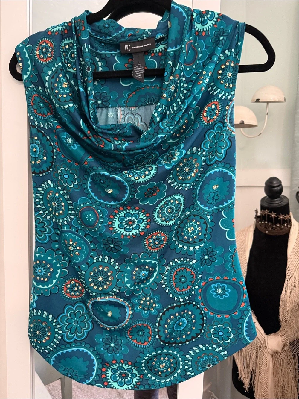 INC International Concepts Teal Floral Cowl Neck Tank Top - Picture 1 of 4
